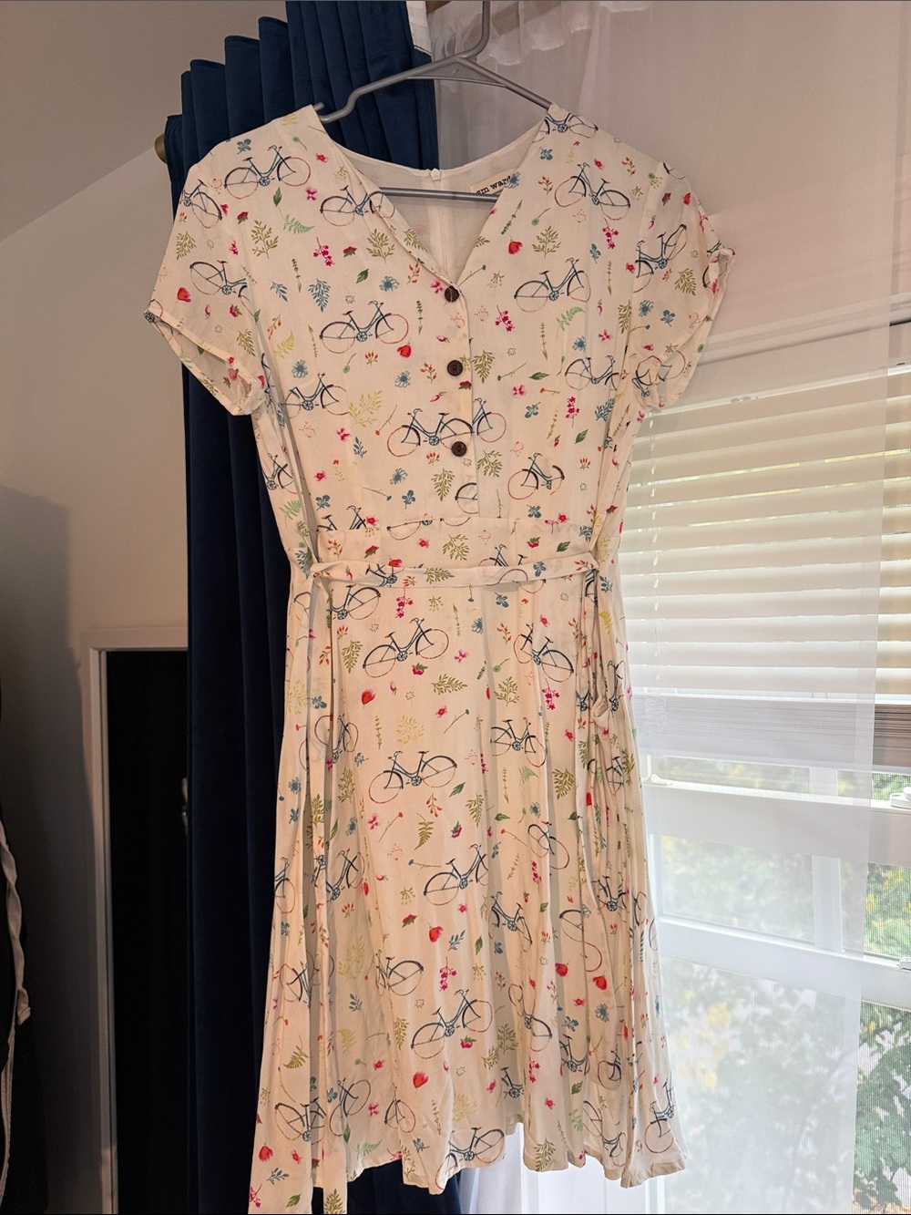 Anthropologie Cream Dress with Blue Bicycle and Multicolor Floral Print
